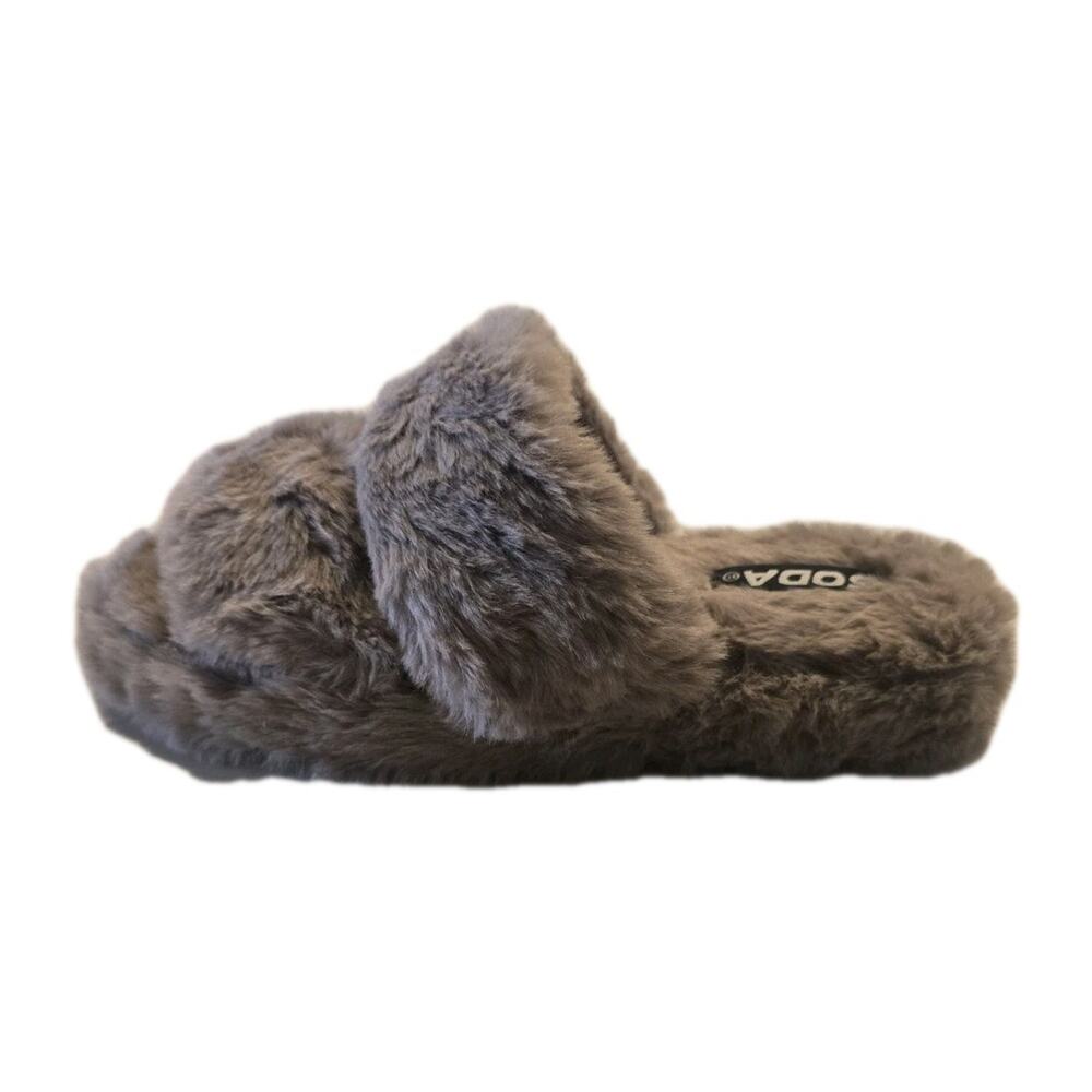 Women’s Faux Fur Slide Slippers Taupe Open Toe Two Strap Soda Corset-S Size 8 - Picture 2 of 5
